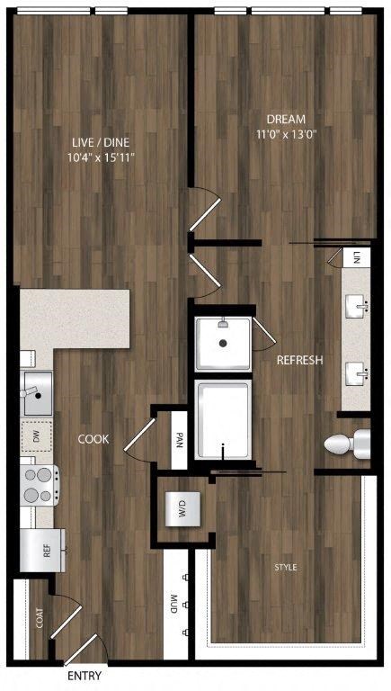 Floor plan for 1 bed, 1 bath, 881 sqft